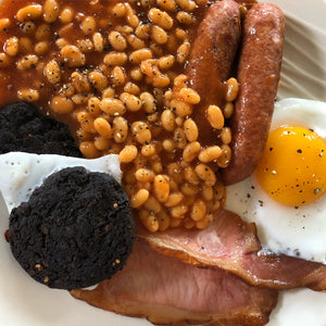 Cooked Breakfast with Smoked Bacon, Smoked Black Pudding and Smoked Pork Sausages